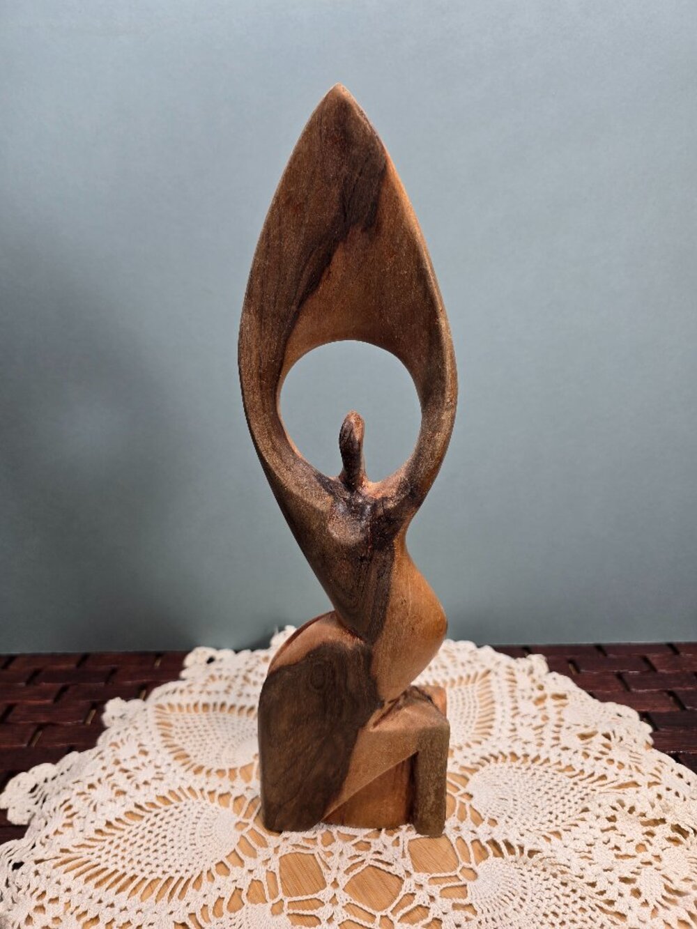 Vintage Hand Carved Abstract Woman Shout for Joy Wood Sculpture Hardwood  12”